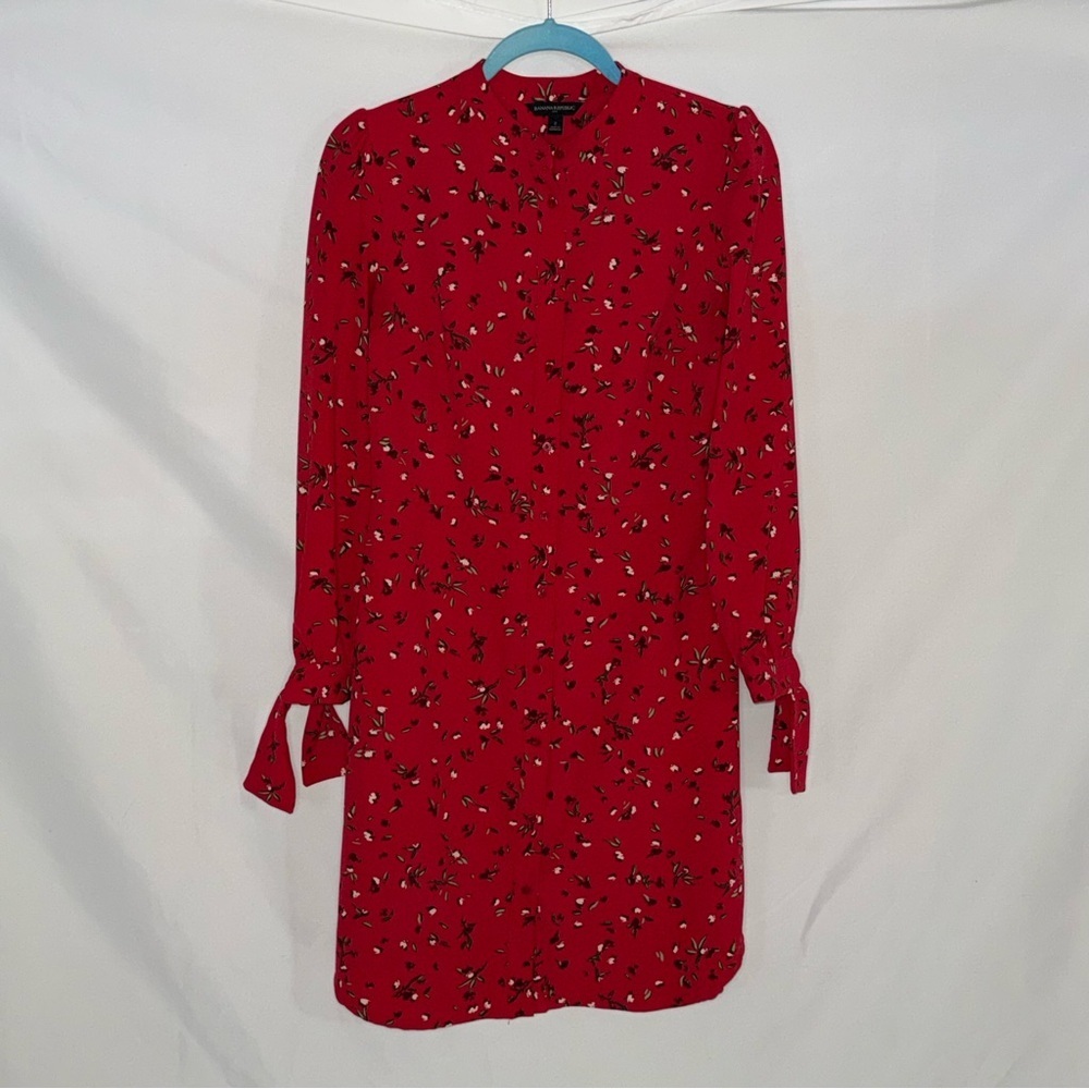 Banana Republic Red Floral Tie-Sleeve Shirt Dress Size 2 EUC